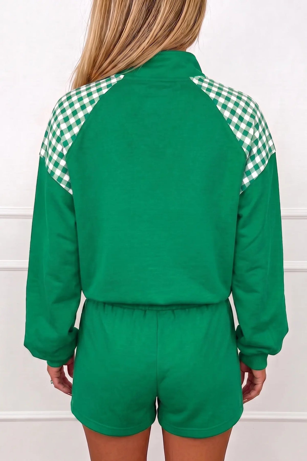 Bright Green Plaid Patchwork Half Zip Pullover Drawstring Short Set