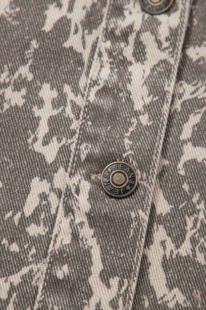 Khaki Abstract Print Long Sleeve Collar Raw Hem Denim Jacket