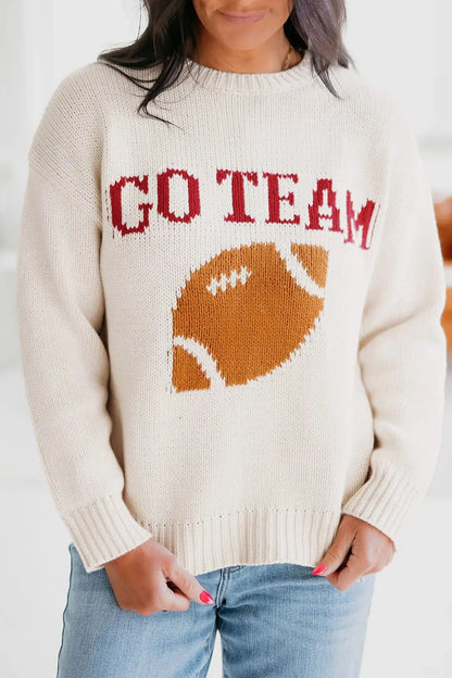 Beige Go Team Football Drop Shoulder Knit Top Sweater