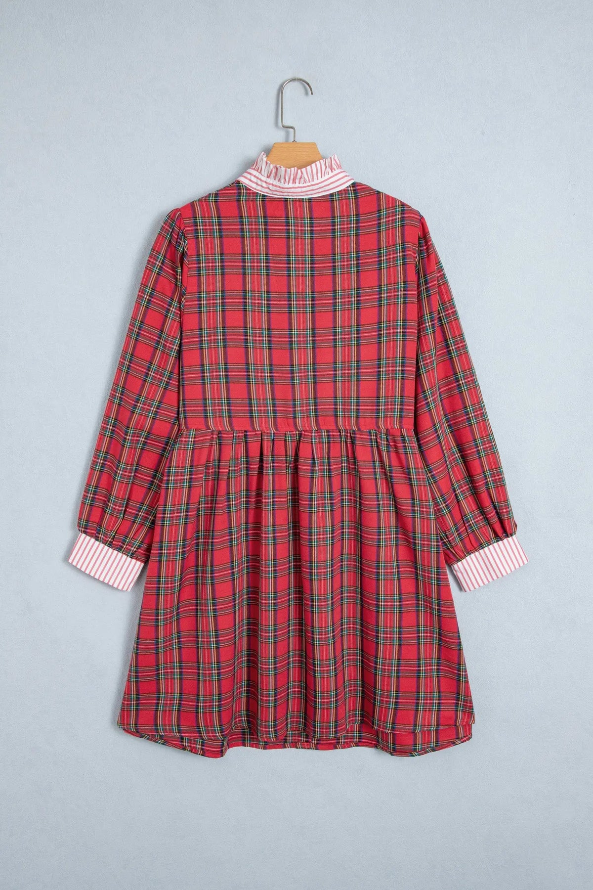 Red plaid v neck collar cuff shift dress hanging view · nz-alt-v1