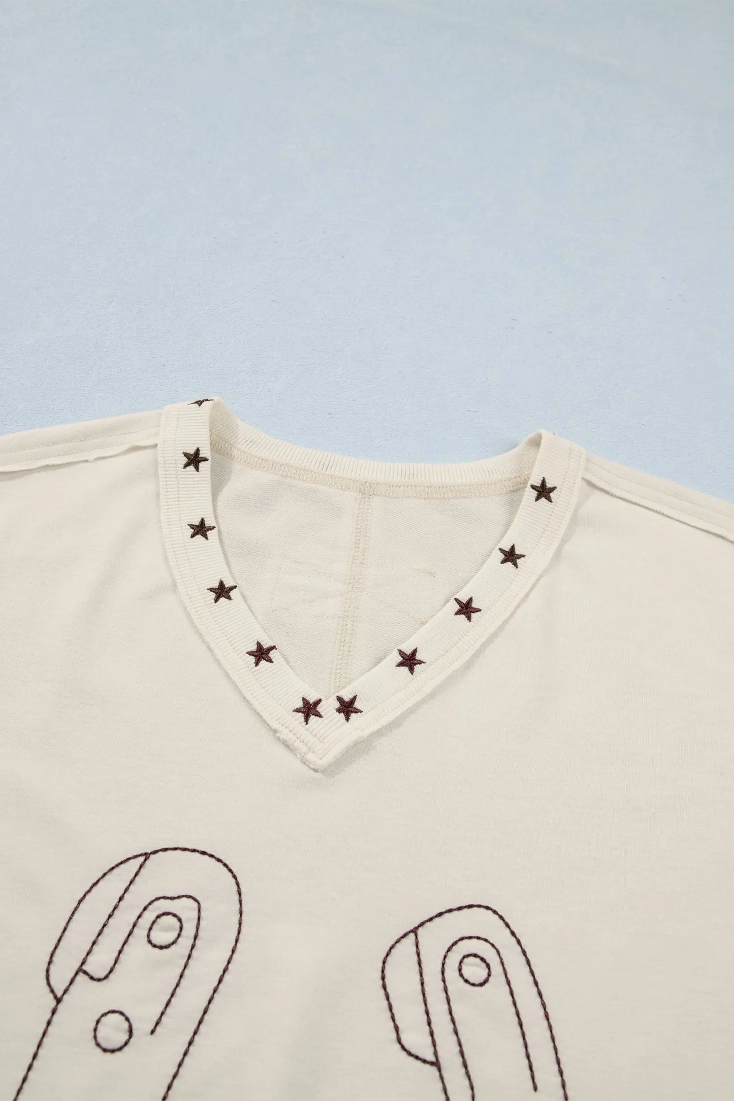 White Horseshoe Embroidered Star Trim V Neck Loose Tank Top