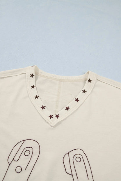 White Horseshoe Embroidered Star Trim V Neck Loose Tank Top