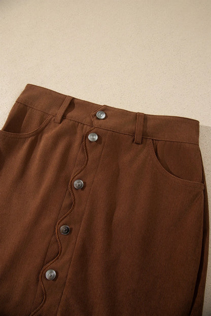 Coffee Button Front Corduroy Mini Pockets Sheath Silhouette Skirt
