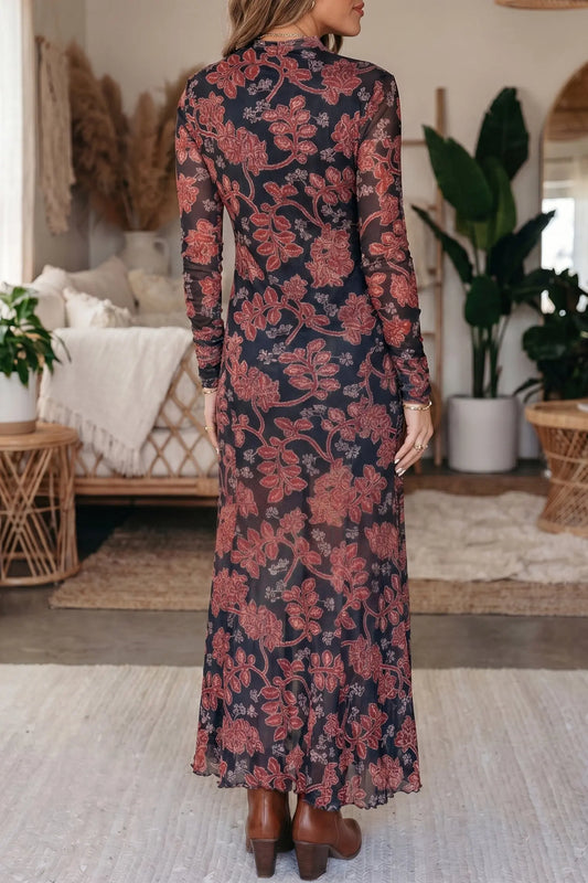 Black Retro Floral Print Long Sleeve Casual Mesh Dress model back view · nz-alt-v1