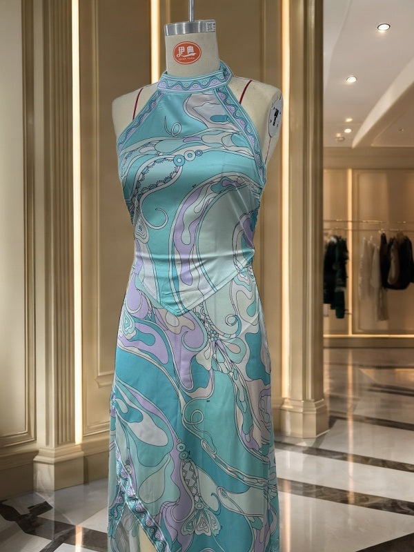 Swirl Print Halter Top and Handkerchief Hem Midi Skirt Set mannequin view · nz-bg-v1
