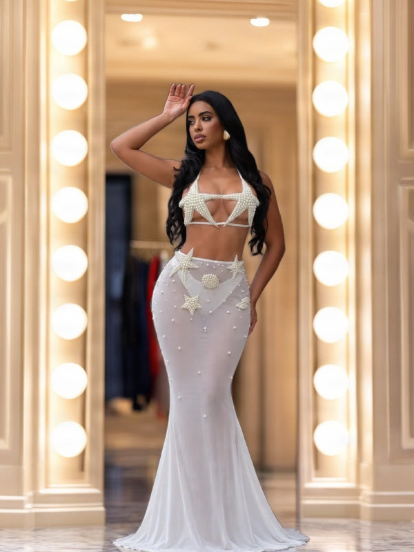 Pearl Starfish Halter Top & Sheer Maxi Skirt Set model front view · nz-bg-v1