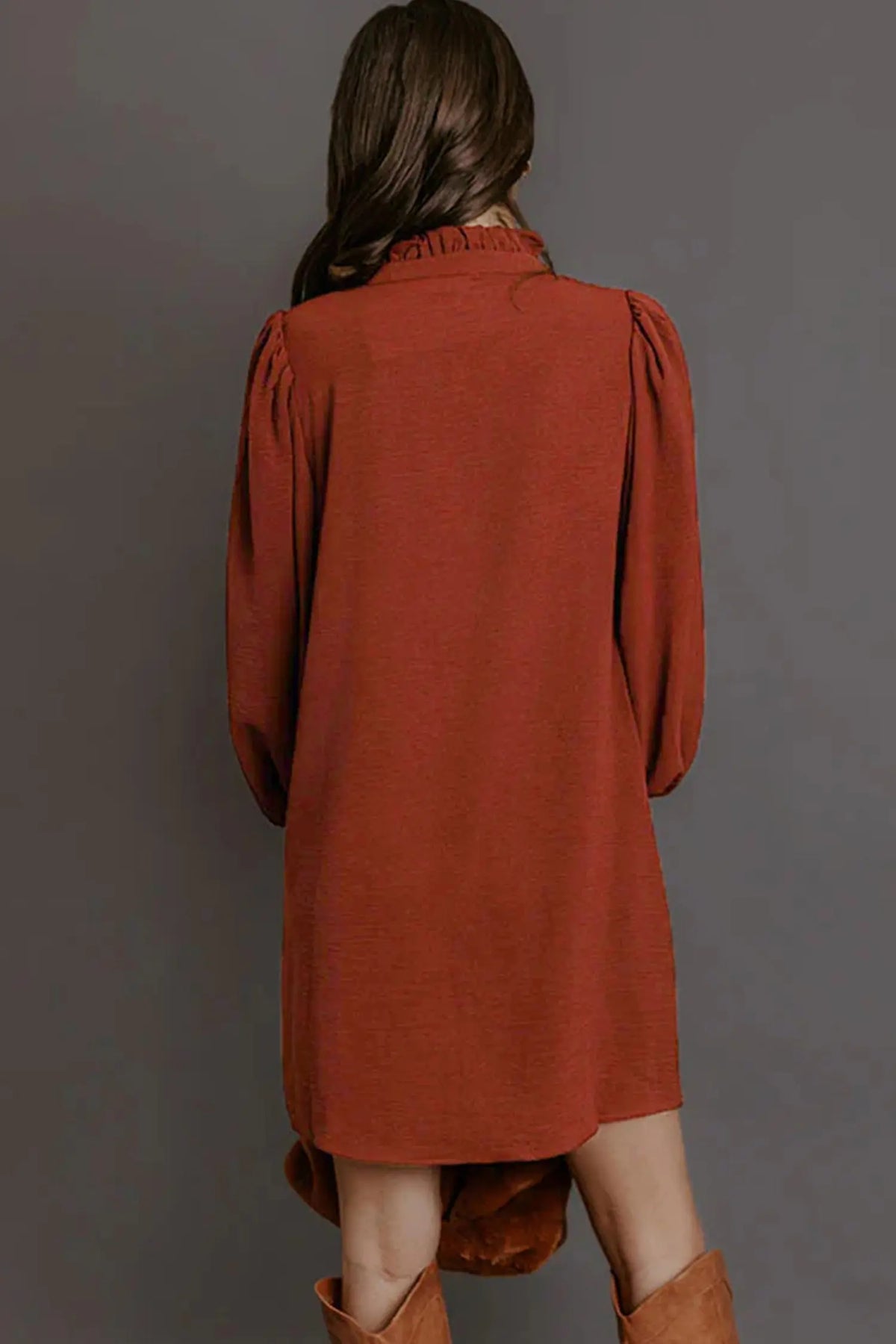 Coffee solid shift long sleeve short length one piece dress model back view · nz-alt-v1