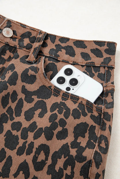 Brown Leopard Print Side Split Frayed Hem Denim Midi Skirt
