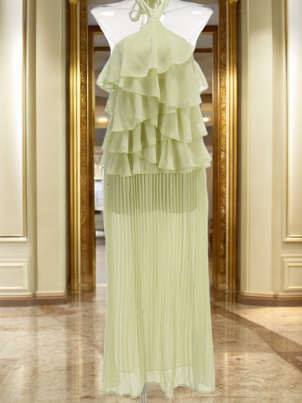 Tiered Ruffle Halter Neck Pleated Maxi Dress mannequin view · nz-bg-v1