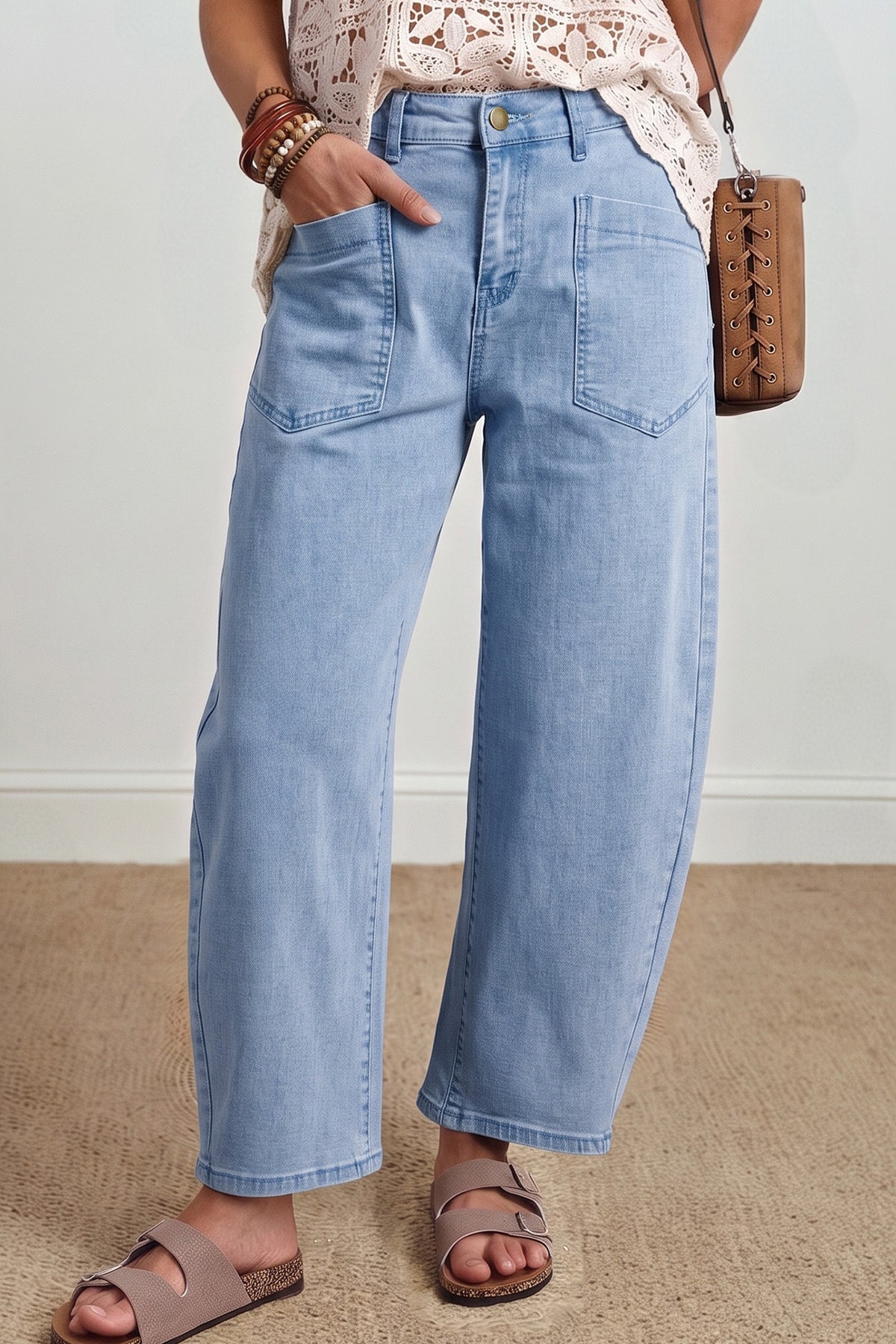 Solid Color Square Patch Pocket Ankle-length Barrel Jeans