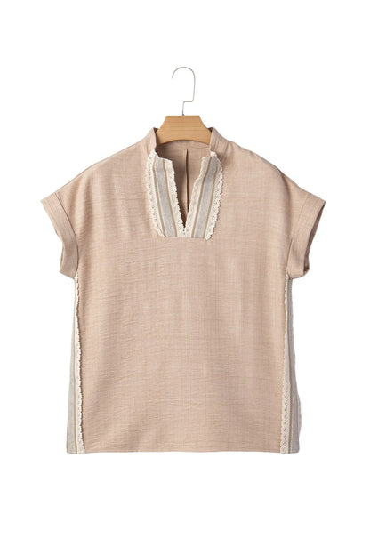 Parchment Crochet Lace Accent Pullover Rolled Short Sleeve Blouse Nataliz