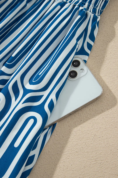 Blue Geometric Print Short Sleeve Drawstring Shirt Collar Dress