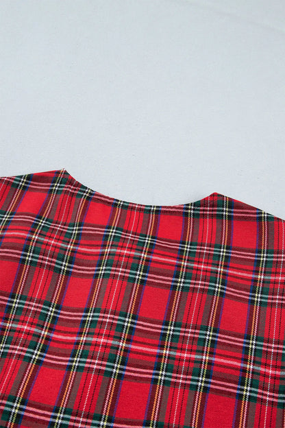 Red Plaid Knot Neck Short Sleeve Mini Shift Dress