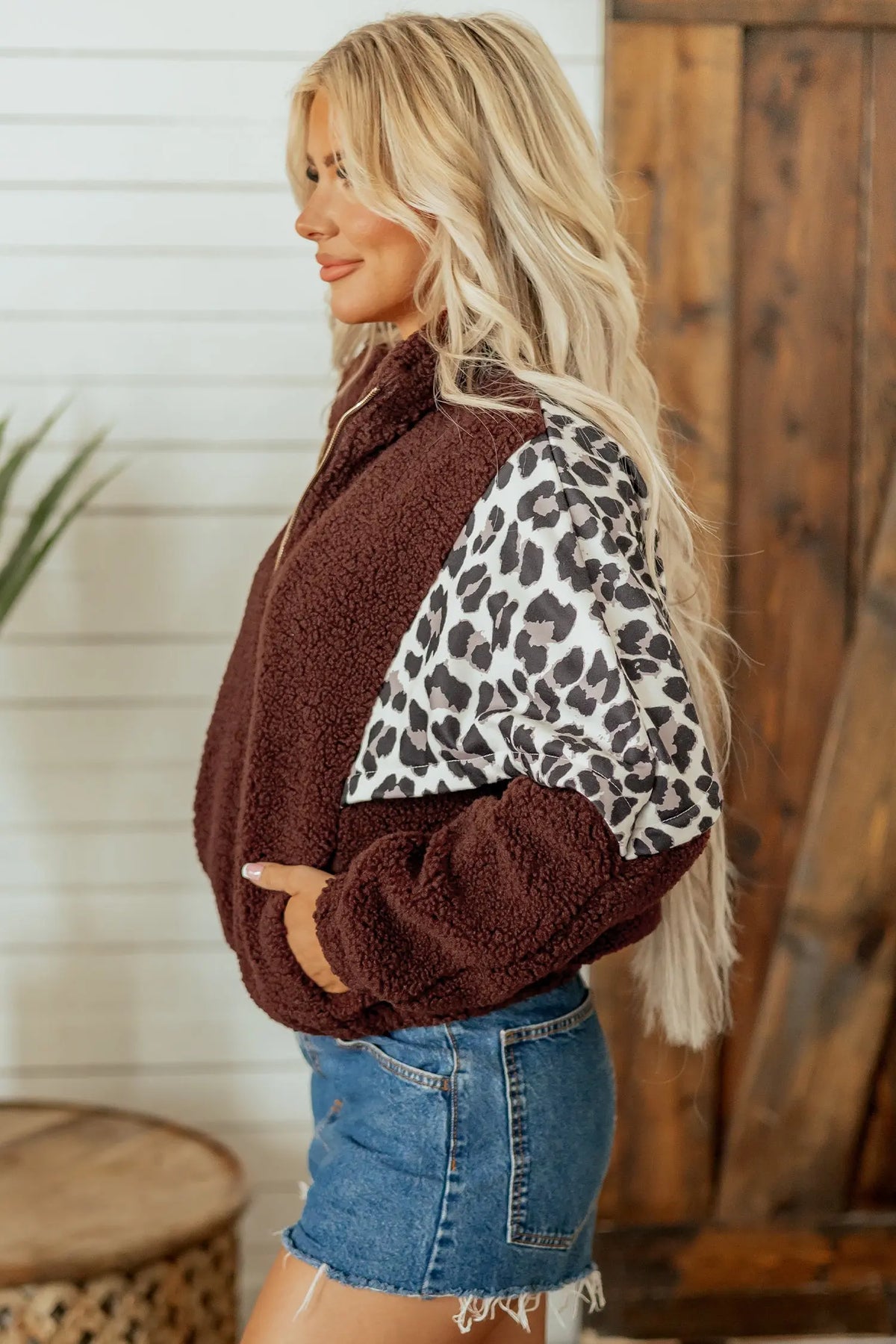 Coffee Leopard Patchwork Fleece Western Style Zip-up Collar Jacket