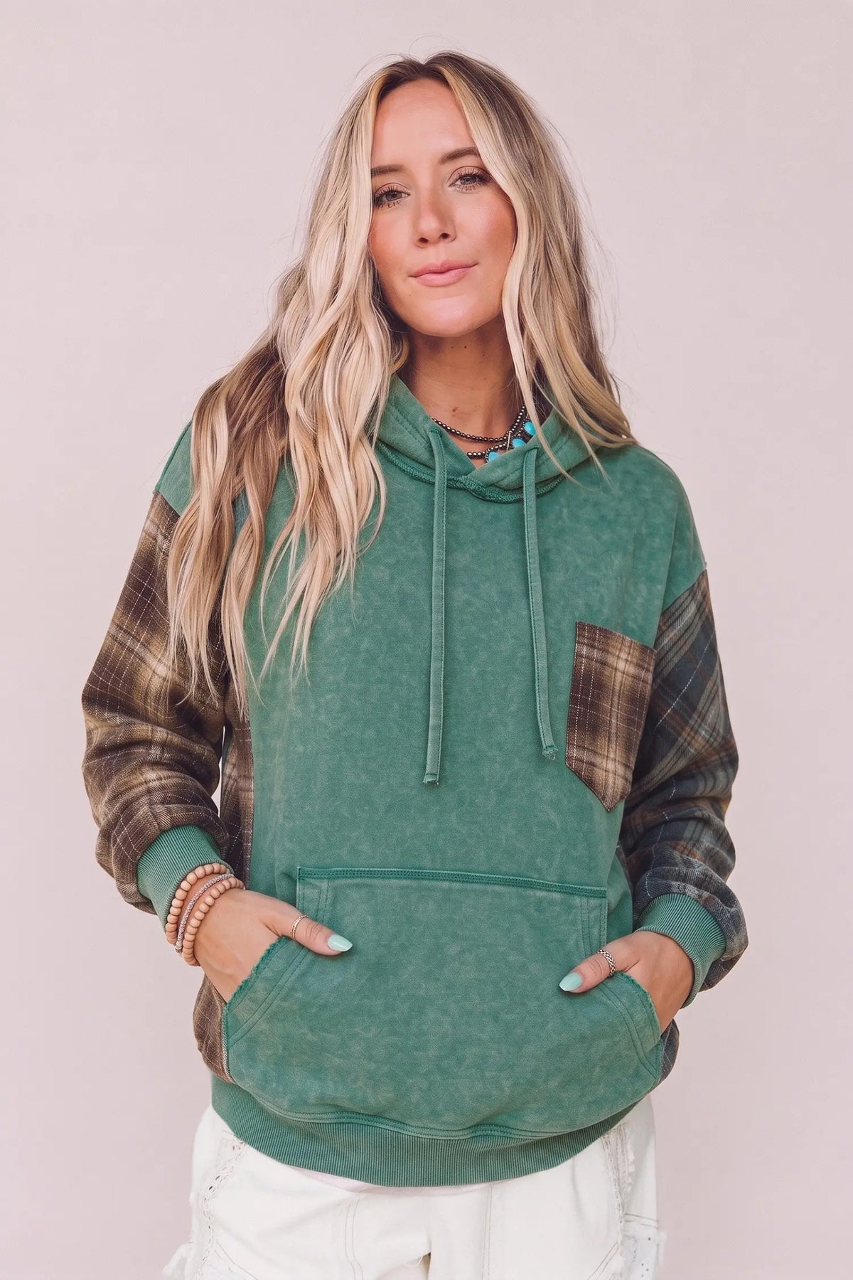 Smoke Green Plaid Colorblock Hoodie model front view · nz-alt-v1
