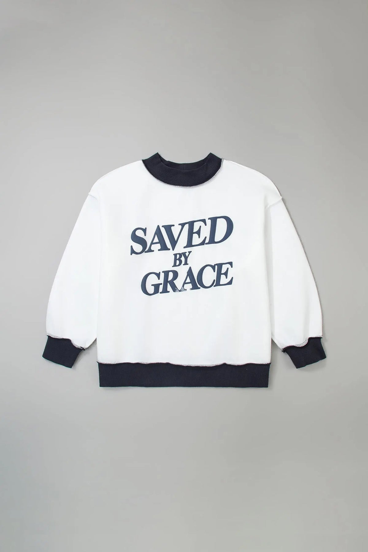 Beige SAVED BY GRACE Letter Print Color Block Mock Neck Plus Size Sweatshirt