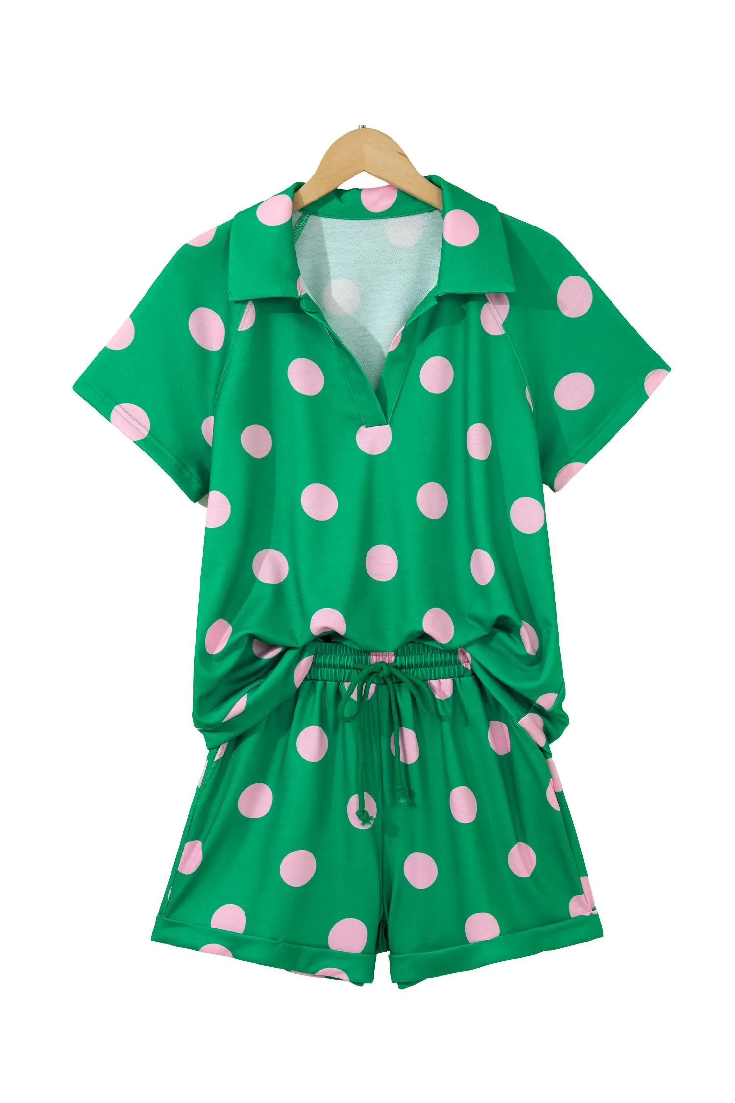 Beige Polka Dot Print V Neck Tee Short Set Nataliz