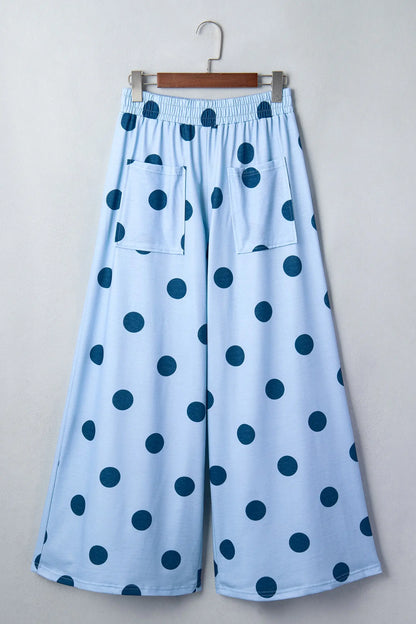 Brown Polka Dot Wide Leg Elastic Waist Casual Pants