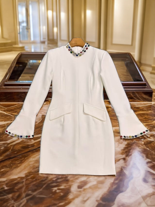 Jewel Trim Bell Sleeve Mini Dress hanging view · nz-bg-v1