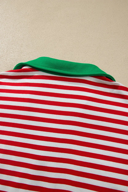 Red Stripe Colorblock Trim Polo Collar Drawstring Elastic Waist Band Casual 2pcs Outfit