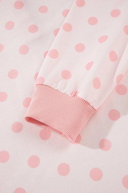 Pink Polka Dot Drop Shoulder Polo Loose Pullover Patch Pocket Casual Shorts Set