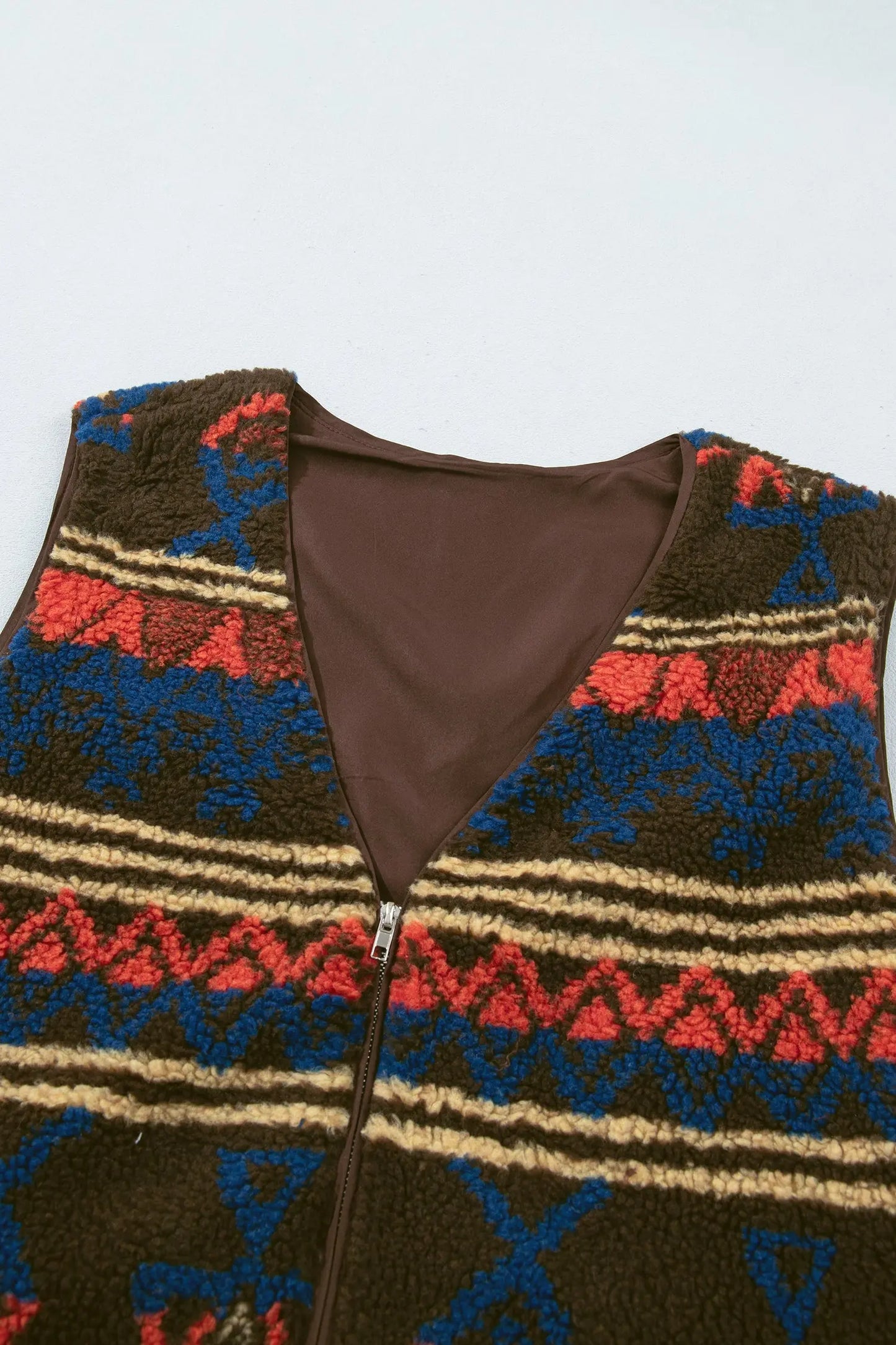 Multicolour Western Print Faux Fur Metal Zipper Insert Pockets Sleeveless Vest