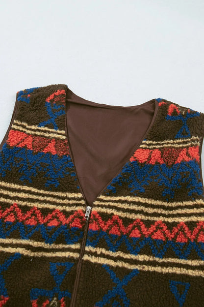 Multicolour Western Print Faux Fur Metal Zipper Insert Pockets Sleeveless Vest