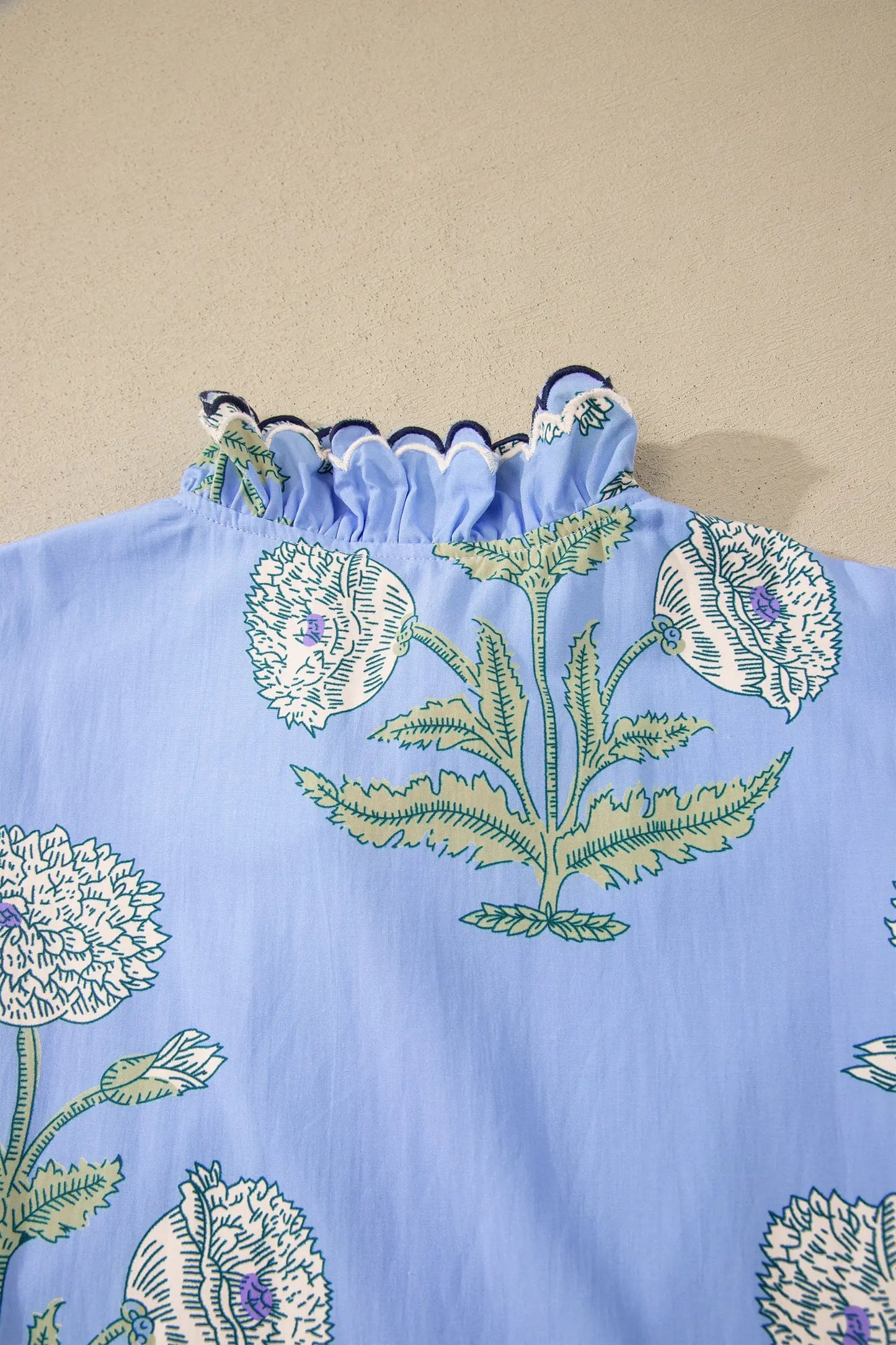 Sky Blue Wild Floral Print Scalloped Embroidery Trim V Neck Drop Waist Mini Dress