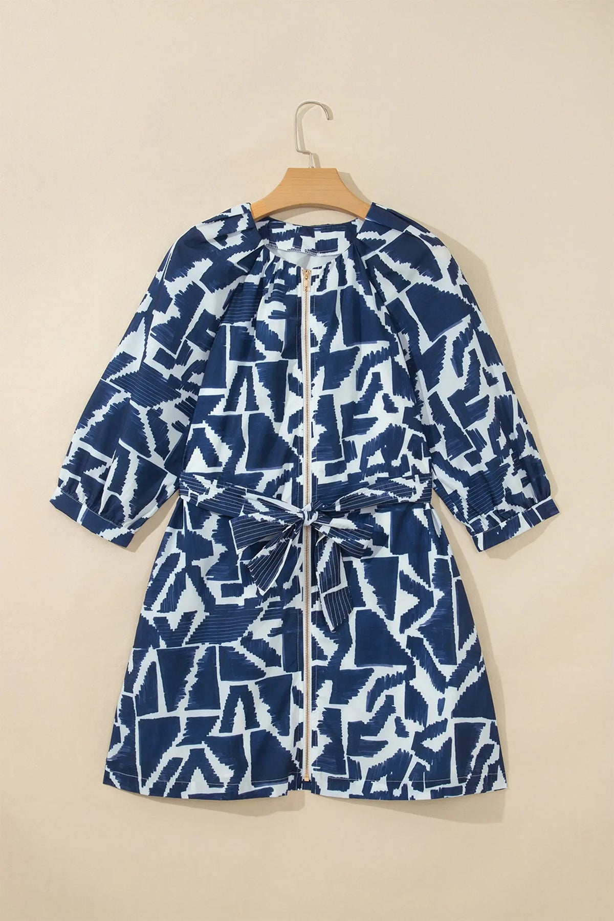 Blue Abstract Geometric Print Zip Front Tie Waist Shift Dress hanging view · nz-alt-v1