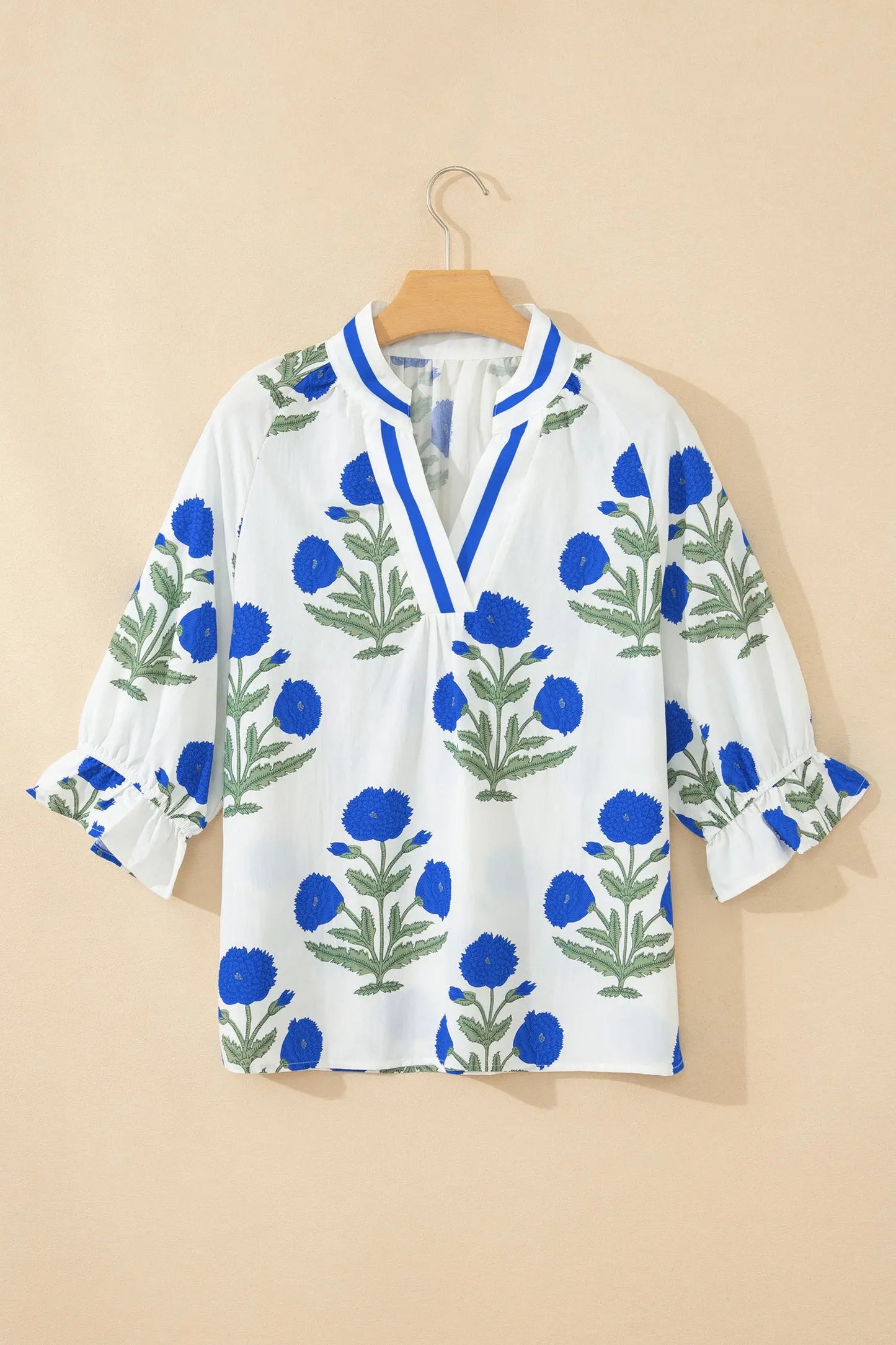 Sky Blue Casual Wild Flower Print V Neck 3/4 Sleeve Blouse Nataliz