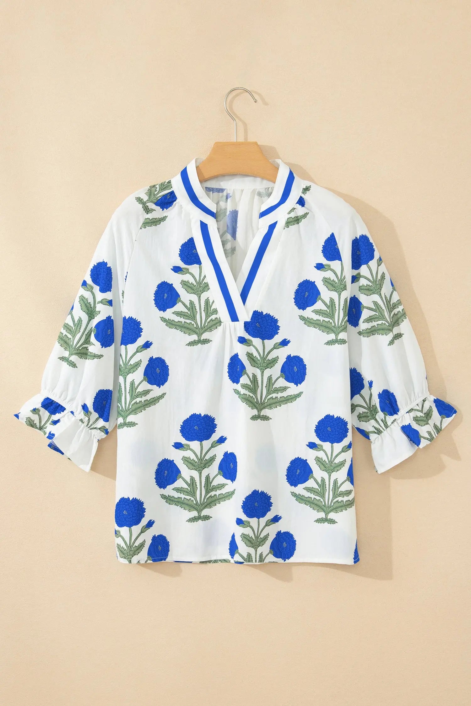 Sky Blue Casual Wild Flower Print V Neck 3/4 Sleeve Blouse Nataliz