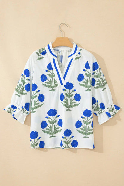Sky Blue Casual Wild Flower Print V Neck 3/4 Sleeve Blouse Nataliz