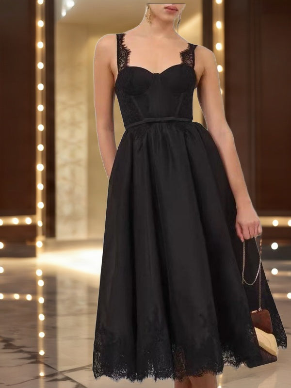 Lace Trim Corset Midi Dress with Full Skirt model front view · nz-bg-v1