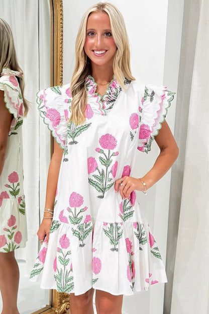 Sky Blue Wild Floral Print Scalloped Embroidery Trim V Neck Drop Waist Mini Dress - Casual Dresses