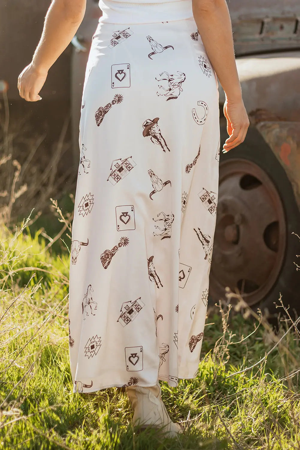 White Western Print Satin Long Skirt - Skirts