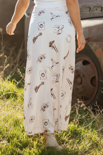 White Western Print Satin Long Skirt - Skirts