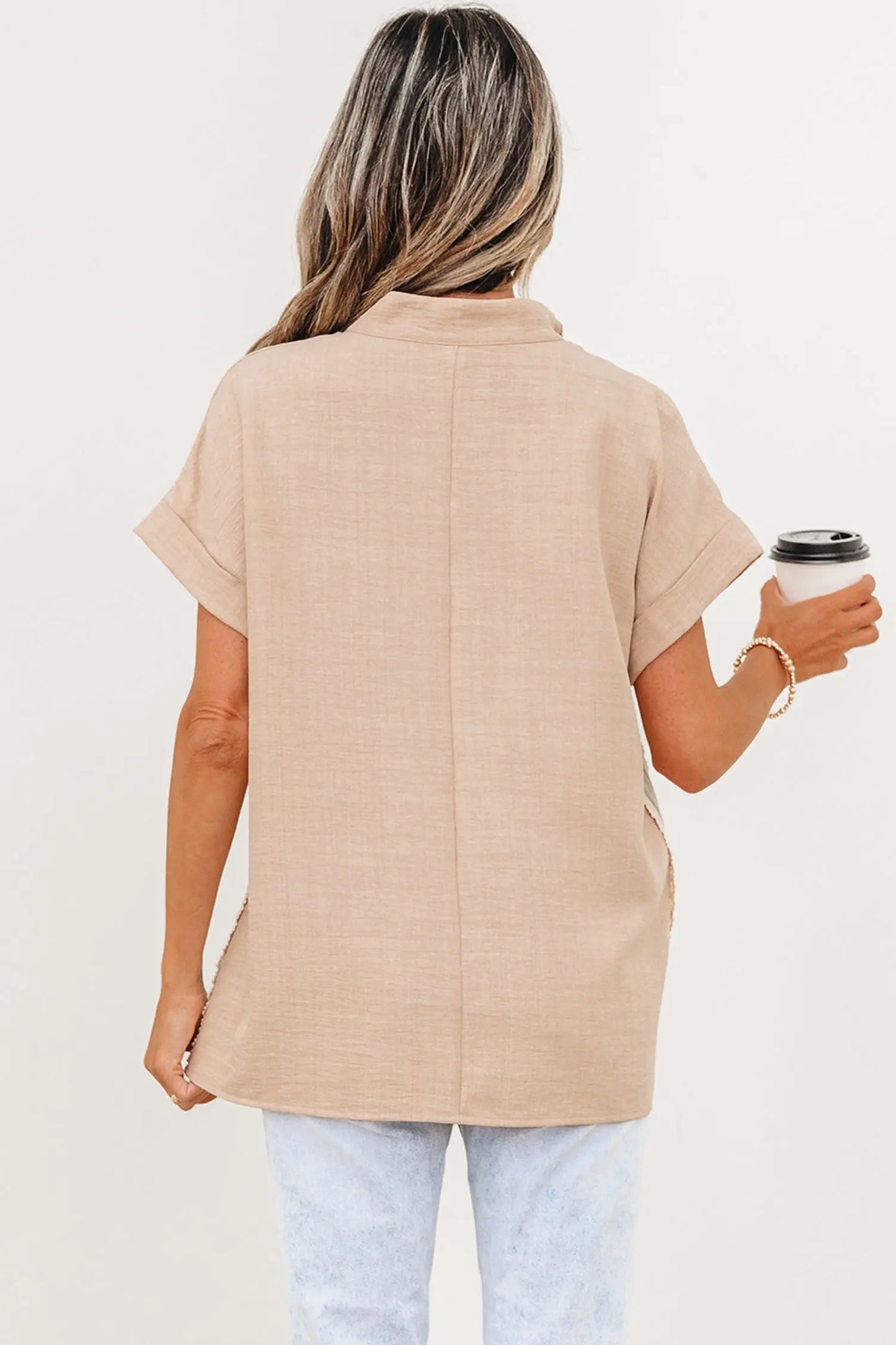 Parchment Crochet Lace Accent Pullover Rolled Short Sleeve Blouse Nataliz