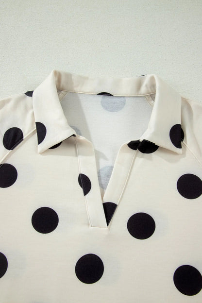 Beige Polka Dot Print V Neck Tee Short Set Nataliz