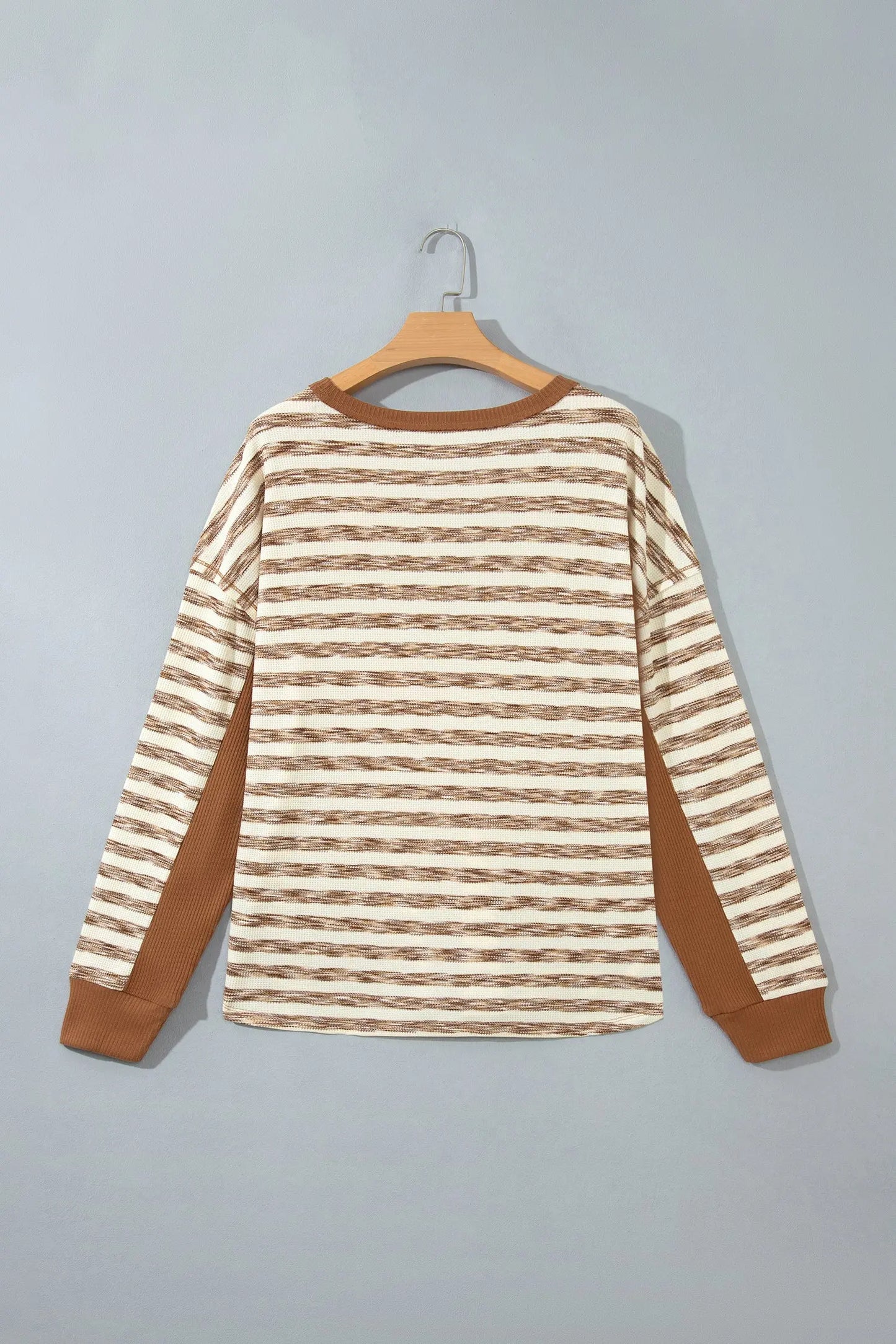 Brown Stripe Textured Knit Color Block Trim Long Sleeve Round Neck Top