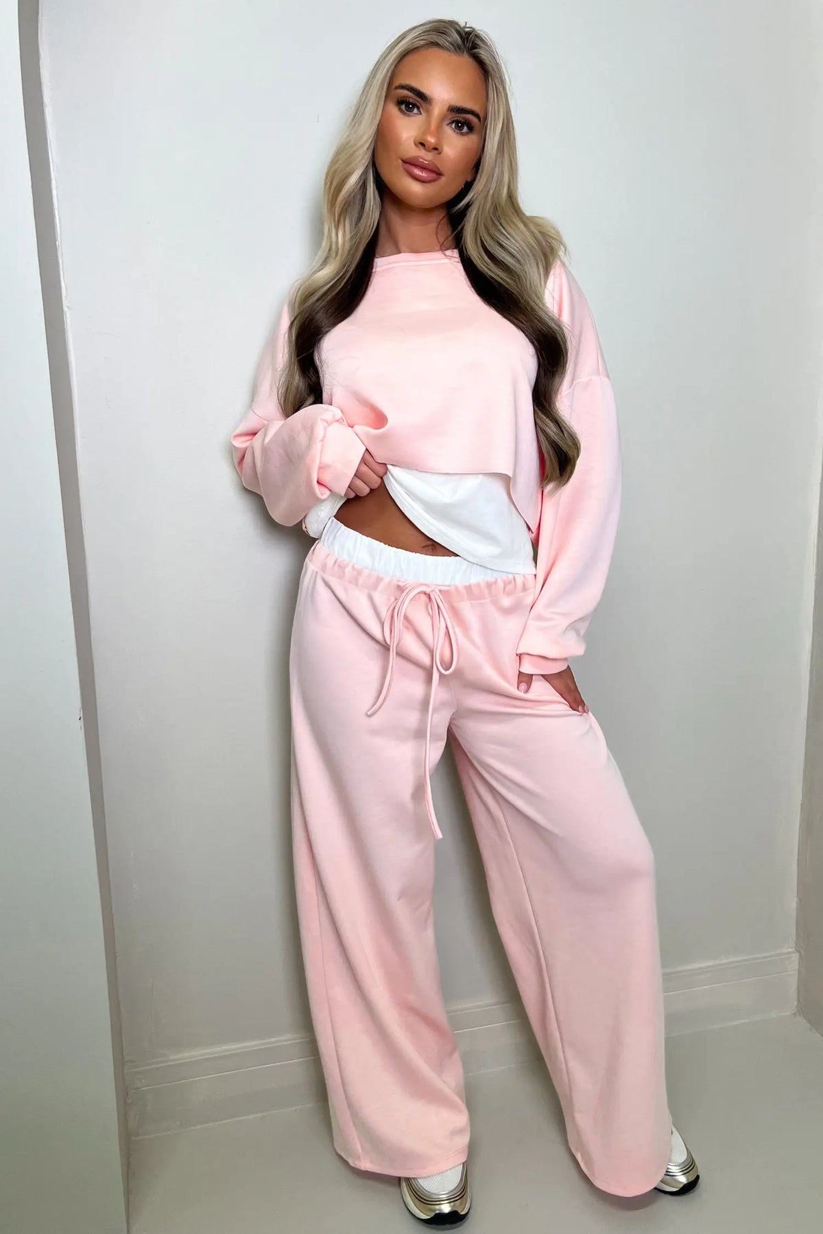 Color Contrast Overlay Long Sleeve Top Drawstring Loose Pant Set