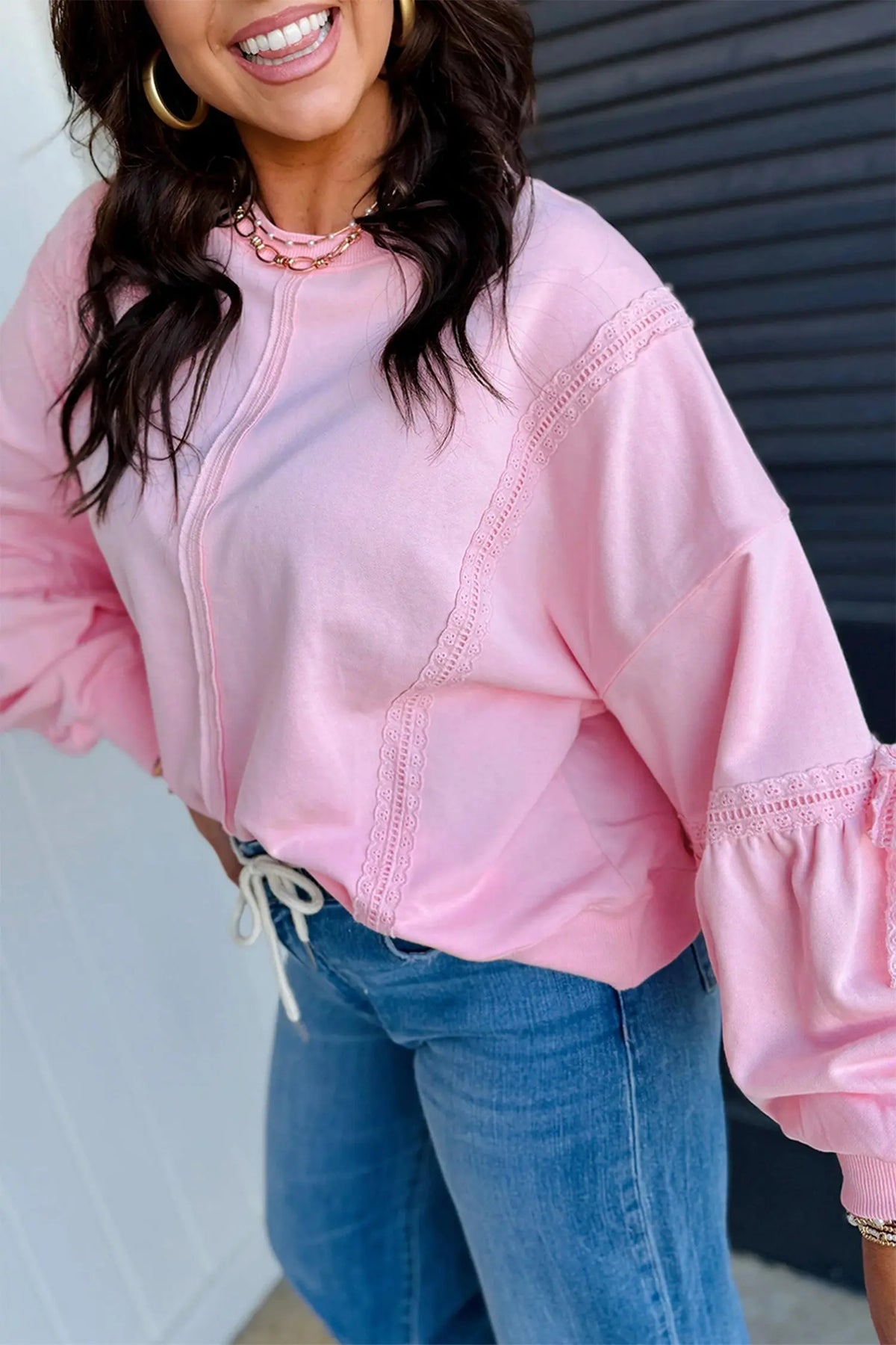 Pink Solid Color Raw Seam Lace Detail Loose Casual Sweatshirt model front view · nz-alt-v1