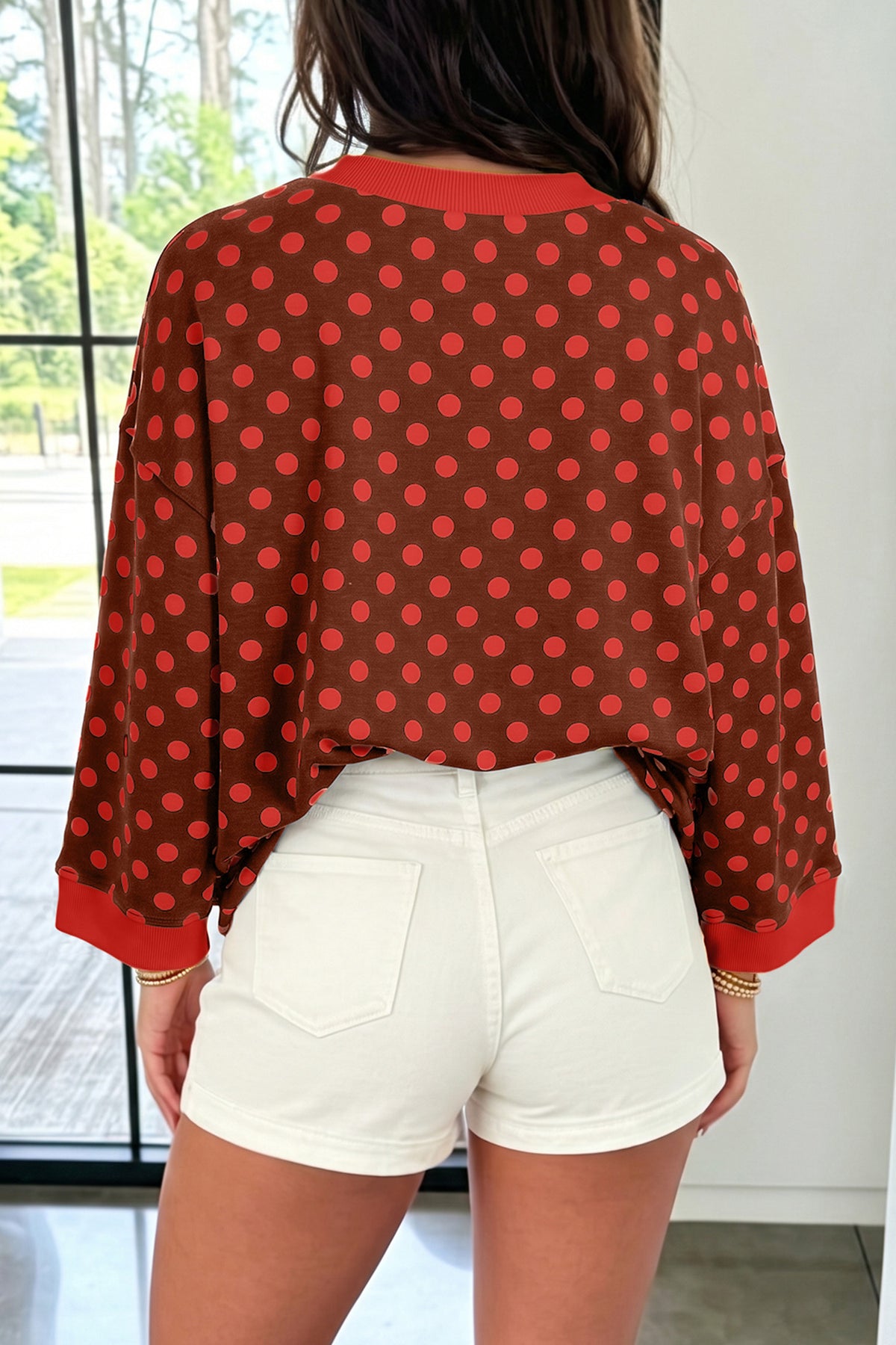 Polka Dot Print Contrast Trim Round Neck Bracelet Sleeve Top