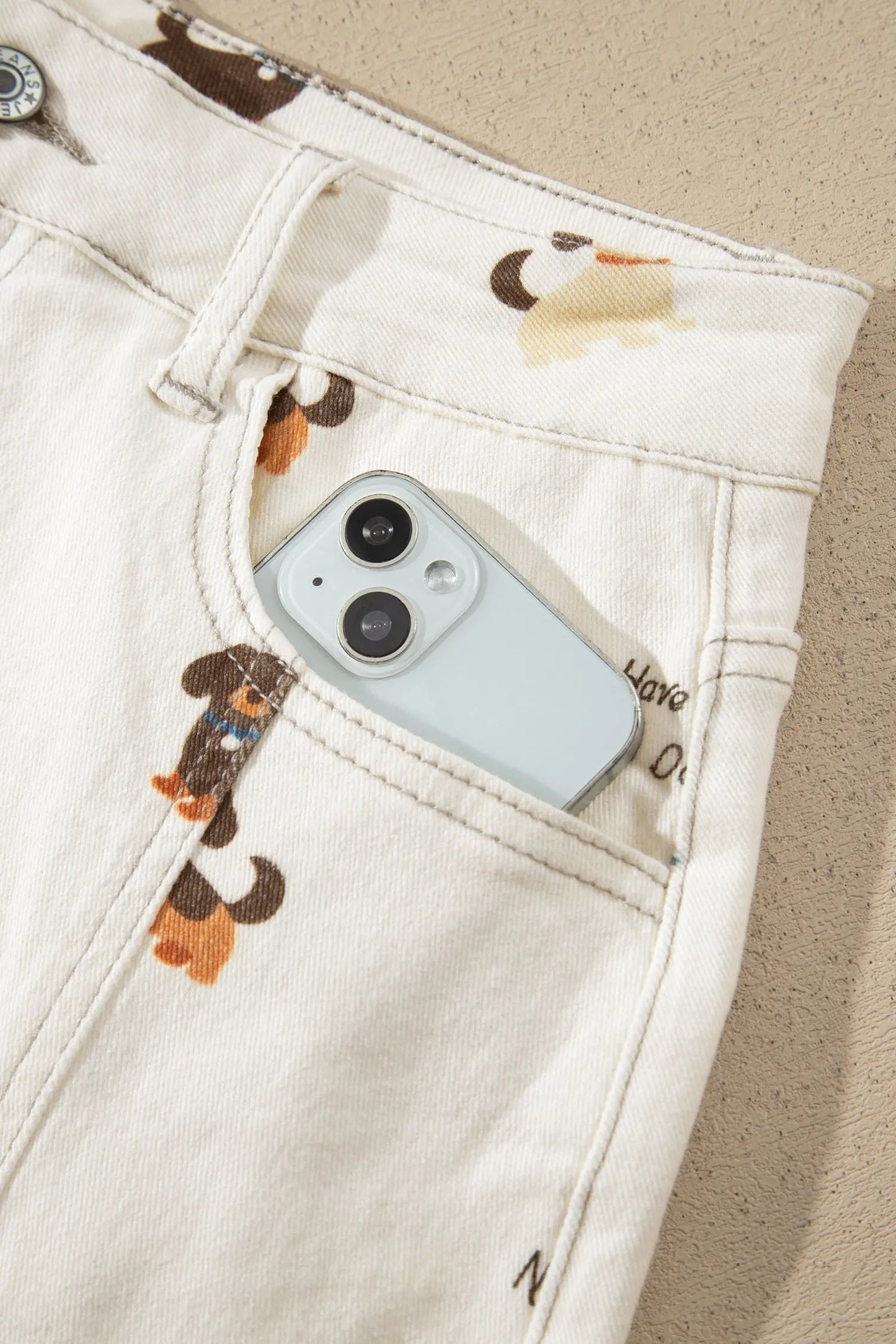 White Abstract Dog Print Wide Leg Full-Length Jeans