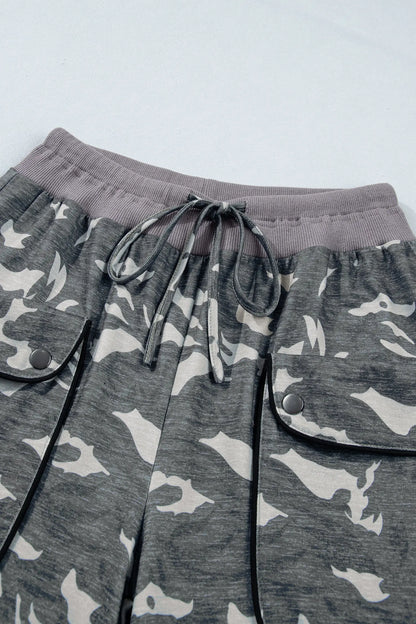 Multicolour Drawstring Contrast Waistband Camouflage Cargo Barrel Pants
