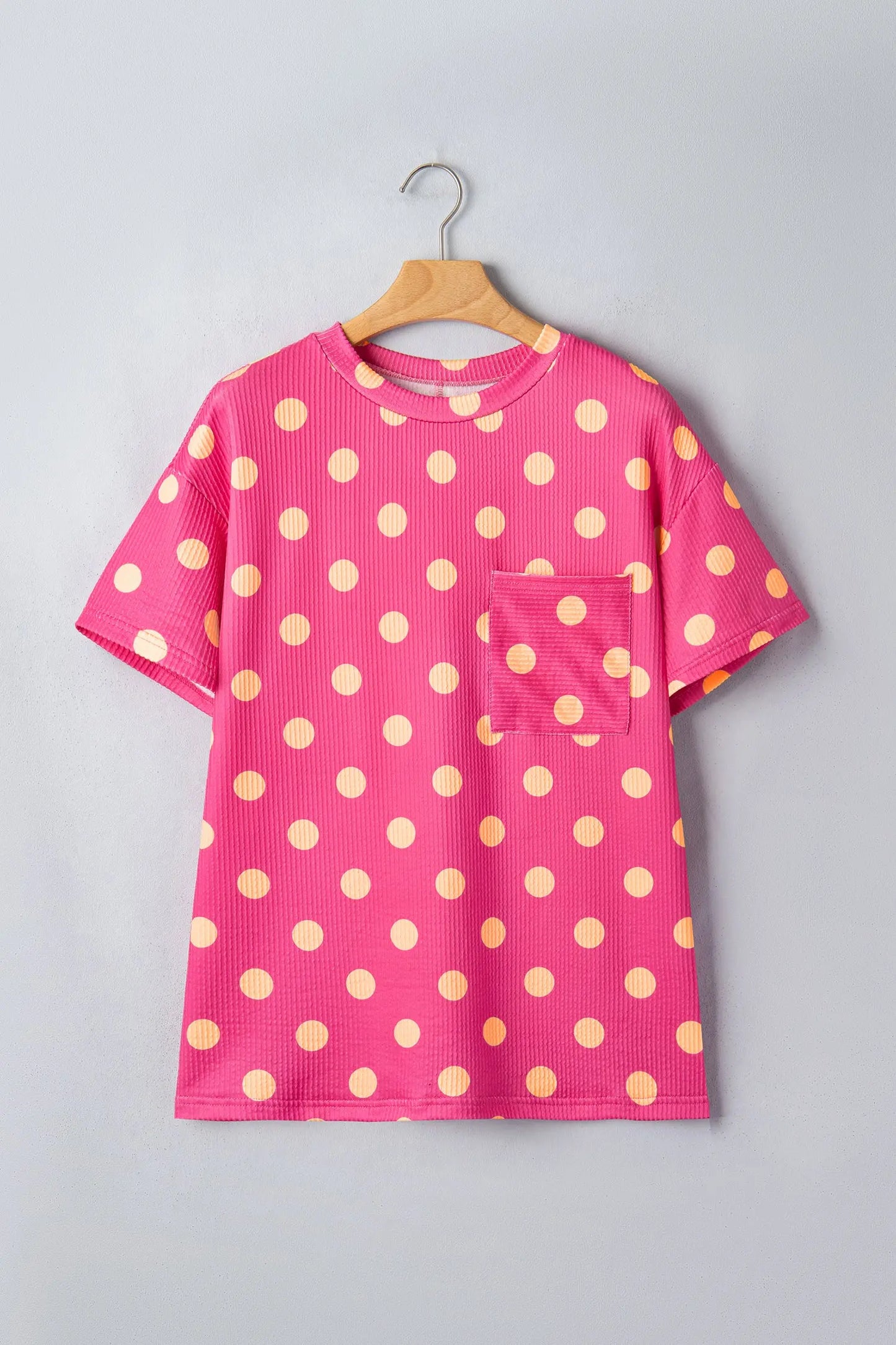 Sky Blue Polka Dot Round Neck Drop Shoulder Patch Pocket Jacquard Texture Top Nataliz