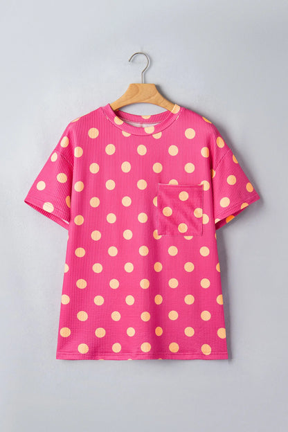 Sky Blue Polka Dot Round Neck Drop Shoulder Patch Pocket Jacquard Texture Top Nataliz