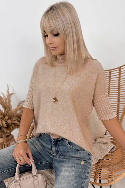 Beige Ribbed Trim High Neck Short Sleeve Casual Sweater
