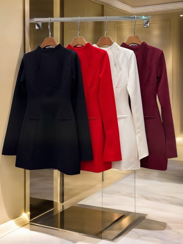 Mock Neck Long Sleeve Fit and Flare Mini Dress hanging view · nz-bg-v1