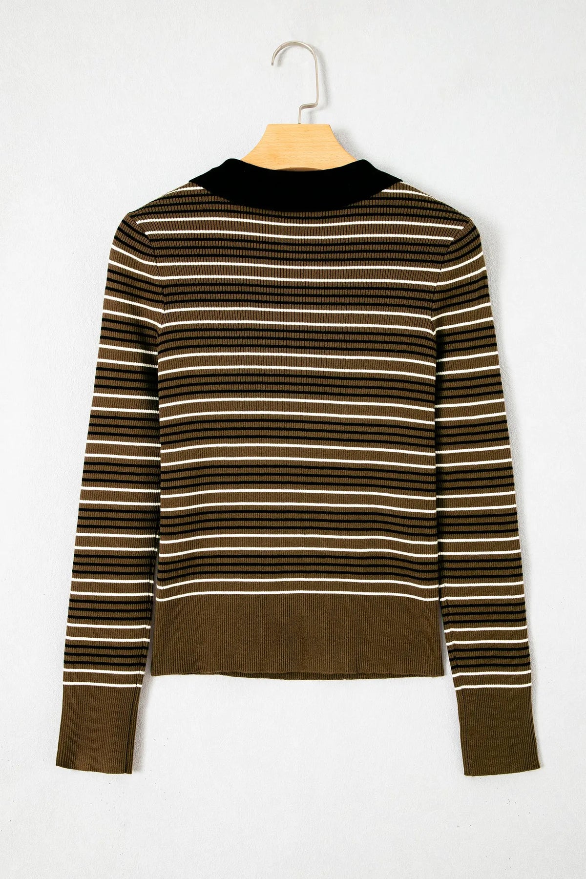 Green Stripe Striped Ribbed Knit Button Collar Sweater