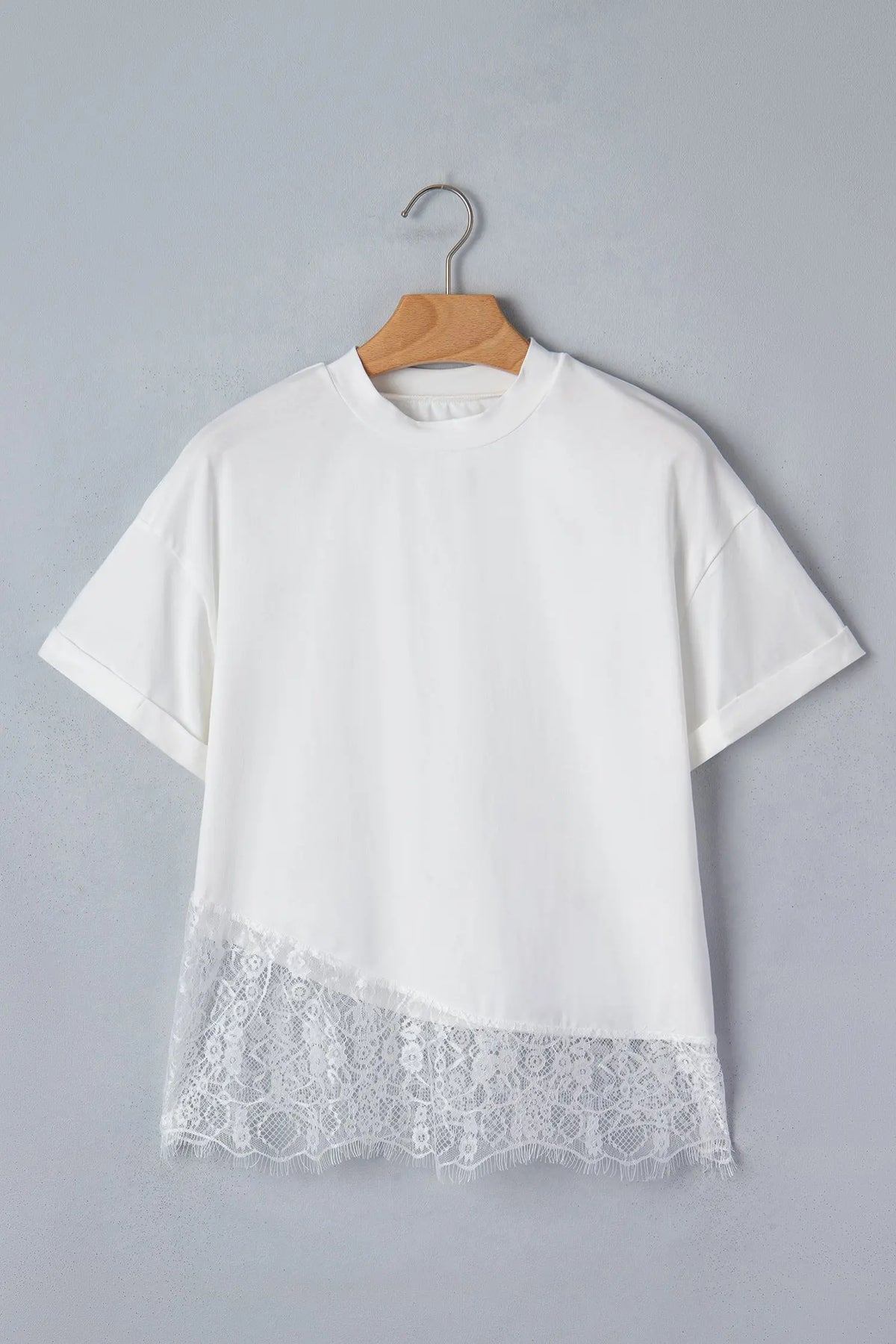 Cotton White Asymmetric Lace Hem Patchwork Tee